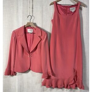 Rickie Freeman Teri Jon Women's Sz 10 Silk Dress Suit Jacket Coral Wedding Event